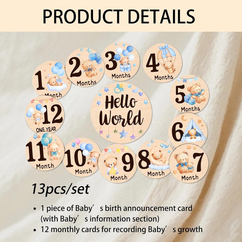 MCIAONE Baby Monthly Milestone Cards - 13 Double-Sided Wooden Milestone Signs Discs with Bear & Star Designs, Little Bears Birth Announcement Cards for Photo Props(0-12 Months), Newborn Sign Baby Shower/Gift - Image 4